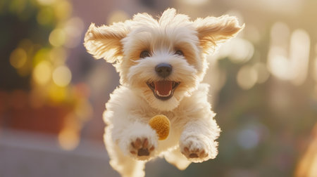 A close-up of a playful puppy leaping in the air with a toy in its mouth, showcasing its energy and enthusiasm in a sunny outdoor setting.の素材