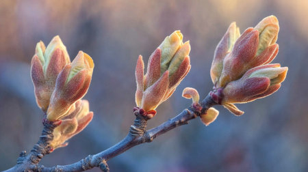 A detailed image of cherry blossom buds opening, showcasing the transition from tight buds to full, delicate flowers against a soft, blurred background.の素材
