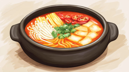A vibrant hot pot filled with noodles, mushrooms, peppers, and tofu, garnished with cilantro. Perfect for a flavorful meal and cozy gatherings.の素材