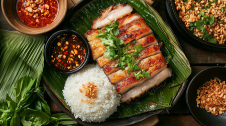 Experience the vibrant flavors of grilled meat served with rice and spicy sauce. This beautifully arranged dish highlights fresh herbs and a delightful presentation, perfect for food enthusiasts.の素材