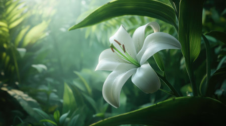 A detailed shot of a delicate white lily, with its stamens and pistil clearly visible, surrounded by lush green leaves and soft morning light.の素材