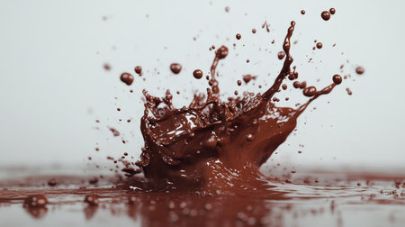 A dramatic shot of a splash of liquid chocolate, with droplets and splatters creating a dynamic and engaging visual effect against a white surface.の素材