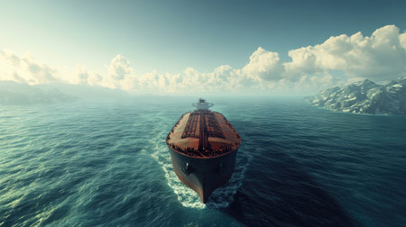 A majestic oil tanker sailing through deep ocean waters, with a clear sky above and a vast, endless horizon stretching into the distance.の素材
