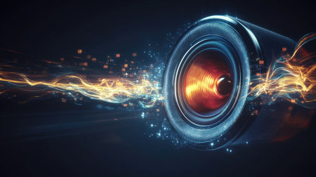 A dynamic image of a car speaker with sound waves or vibrations illustrated around it, conveying the power and clarity of the audio system.の素材