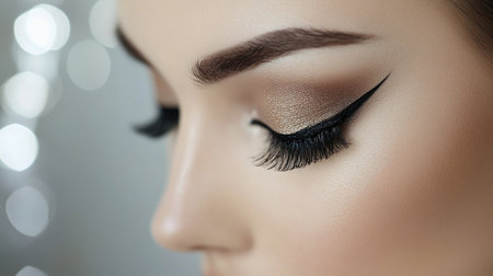 A high-resolution image of a woman with expertly applied eyeshadow, eyeliner, and mascara, creating a dramatic eye look with a soft, elegant backdrop.の素材