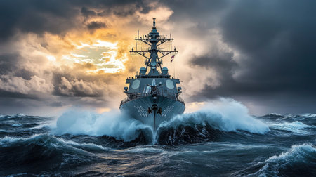 A large naval ship cutting through rough ocean waves, surrounded by a dramatic sky with storm clouds forming, emphasizing the power and resilience of the vessel.の素材