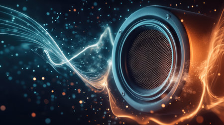 A dynamic image of a car speaker with sound waves or vibrations illustrated around it, conveying the power and clarity of the audio system.の素材