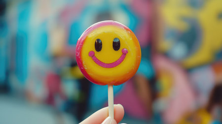 A hand holding a brightly colored lollipop with a smiley face, emphasizing the fun and playful aspect of the candy in a lively setting.の素材