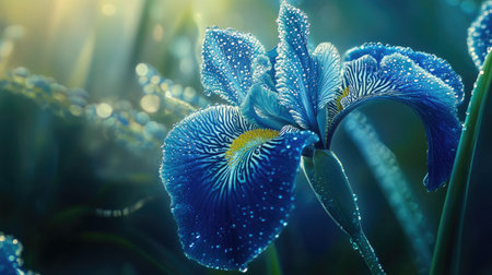 A macro photograph of a blue iris with intricate patterns on its petals, surrounded by delicate green stems and soft sunlight enhancing the colors.の素材
