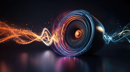 A dynamic image of a car speaker with sound waves or vibrations illustrated around it, conveying the power and clarity of the audio system.の素材