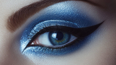 A high-resolution image of a woman with expertly applied eyeshadow, eyeliner, and mascara, creating a dramatic eye look with a soft, elegant backdrop.の素材