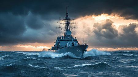 A military battleship cruising through the ocean, with a dramatic, cloudy sky and choppy waves, showcasing its powerful structure and presence at sea.の素材