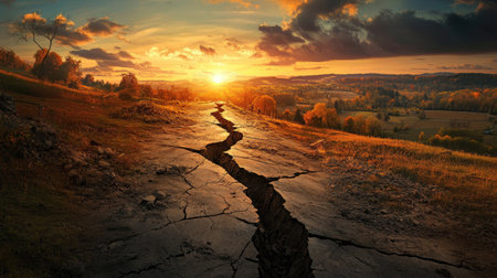 A natural earthquake scene with visible cracks in the Earth's crust, splitting the ground in a rural landscape, showcasing the powerful forces beneath the surface.の素材