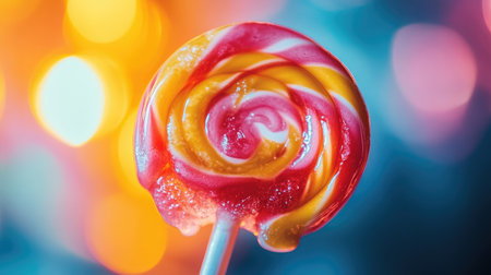 A macro shot of a lollipop with a glossy, textured surface, capturing the details of its swirl and the play of light on its colorful surface.の素材