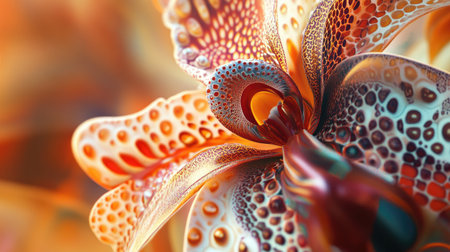 A macro shot of an exotic orchid with intricate patterns and vivid colors, showcasing its unique structure and delicate beauty against a neutral background.の素材