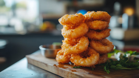 A beautifully stacked display of crispy fried shrimp on a wooden board. Irresistible and perfect for an appetizer or snack in a vibrant culinary setting.の素材
