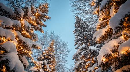 Beautiful scene of snowy evergreen trees adorned with glowing Christmas lights, creating a tranquil winter atmosphere at dusk. Perfect for holiday themes.の素材