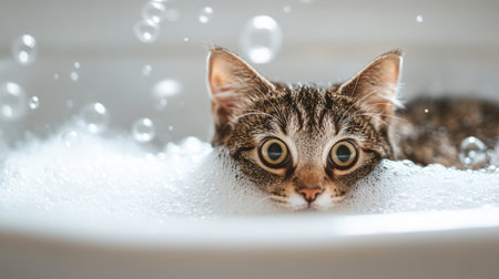 An adorable cat peeks out from a bathtub filled with bubbles, highlighting its curious expression and playful demeanor in a cozy indoor setting.の素材