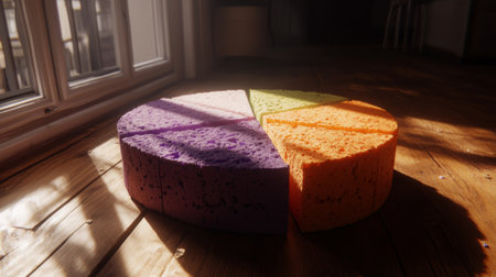 A colorful foam pie chart in vibrant hues rests on a wooden floor, illuminated by sunlight, creating a visually striking and playful indoor scene.の素材