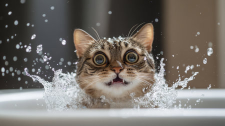 An adorable cat emerges from the water, showcasing a surprised expression as droplets scatter around. This playful moment captures the joy and curiosity of pets.の素材