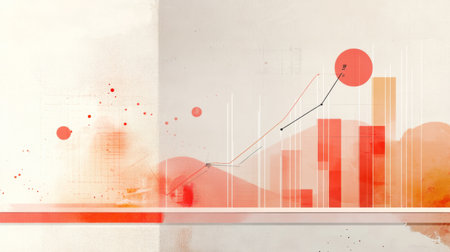 This abstract illustration features a creative data visualization with warm colors, showcasing trends and statistics through graph lines and shapes.の素材