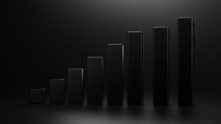 A striking black bar graph on a dark background, symbolizing growth and progression in business. This minimalist design captures modern aesthetics.の素材