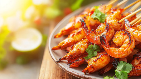 Savory grilled shrimp skewers garnished with fresh herbs, served on a rustic wooden plate. A delightful seafood dish perfect for summer gatherings and barbecues.の素材