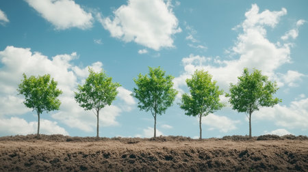 A time-lapse effect of a tree planting area showing the stages of growth from sapling to young tree, demonstrating the progress over time.の素材