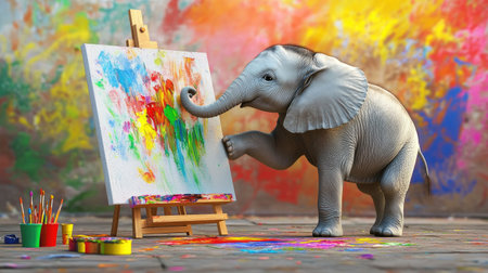 A young elephant concentrating on a colorful painting, using its trunk to add fine details on a canvas, with bright paints and brushes scattered around.の素材