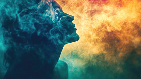 A serene and colorful smoke pattern emerging from a dark silhouette of a person, with the smoke forming intricate designs and patterns around them.の素材