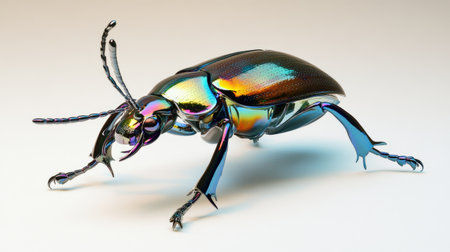 A single beetle on a white surface, with a focus on its shiny, iridescent shell and legs, creating a striking visual against the simple backdrop.の素材