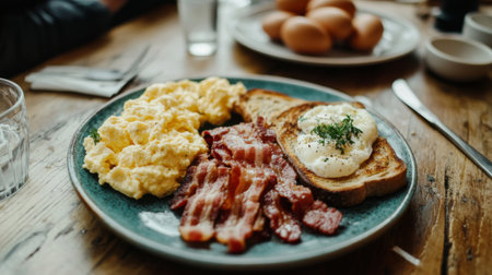 A mouthwatering breakfast plate featuring creamy scrambled eggs, crispy bacon strips, and a perfectly poached egg on toast, served on a rustic wooden table.の素材