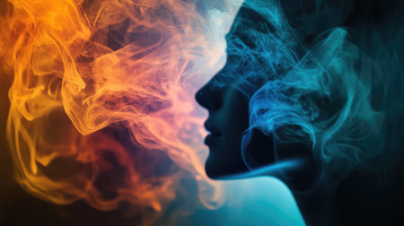 A serene and colorful smoke pattern emerging from a dark silhouette of a person, with the smoke forming intricate designs and patterns around them.の素材
