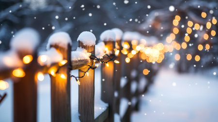 A picturesque winter scene featuring a wooden fence adorned with glowing lights and fresh snowflakes. This charming image captures the tranquility and beauty of a snowy evening.の素材