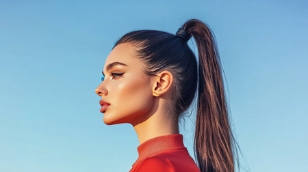 A stylish woman with a high ponytail, with hair pulled back tightly and secured with a sleek hair tie, emphasizing a sporty or sophisticated look.の素材