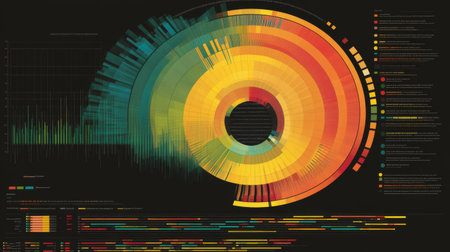 This captivating illustration showcases an innovative data visualization technique, featuring vibrant colors and intricate circular patterns to display information effectively.の素材