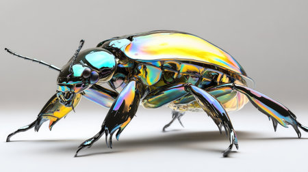 A single beetle on a white surface, with a focus on its shiny, iridescent shell and legs, creating a striking visual against the simple backdrop.の素材