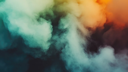 Close-up of colorful smoke in a dense fog, with vivid shades of green, yellow, and red merging and dissipating, creating an eye-catching visual.の素材