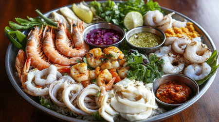 A vibrant Thai seafood platter featuring grilled fish, prawns, and calamari with a variety of dipping sauces, arranged artistically on a large serving dish.の素材
