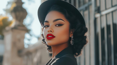 A woman with a sophisticated, glam makeup look, including bold brows and a striking red lip, captured with a confident pose and stylish outfit.の素材