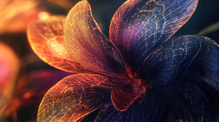 An elegant macro shot of a delicate orchid with detailed textures and vibrant colors, highlighting the beauty of its intricate patterns.の素材