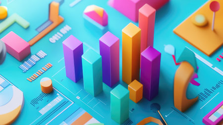 An infographic-style image displaying a vibrant D bar chart alongside various data points, with arrows and percentages, illustrating the impact of marketing strategies on company growth.の素材