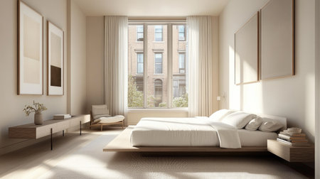 An elegant bedroom with a low-profile bed, crisp white linens, and minimal decor, featuring a large window that lets in soft, natural light.の素材
