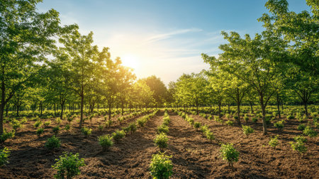 An elegant shot of a newly reforested area with rows of young trees growing, with sunlight filtering through the leaves and a clear, blue sky above.の素材