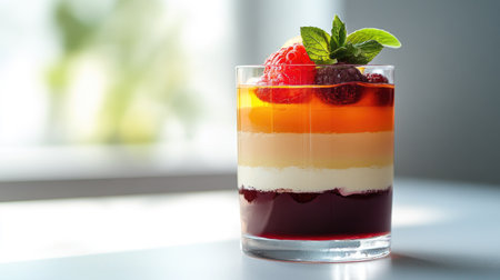 An elegant image of a layered jelly dessert in a clear glass, featuring multiple colors and textures, with a focus on the clean, crisp presentation against a white backdrop.の素材