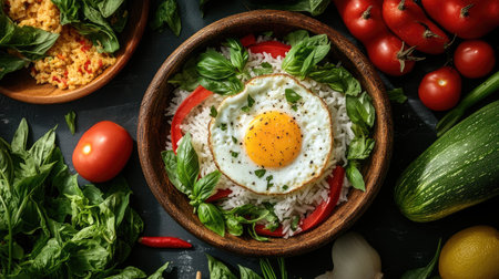 An appetizing shot of Thai basil fried rice with egg, served in a traditional Thai bowl, surrounded by fresh herbs and colorful vegetables, celebrating the flavors of Thai cuisine.の素材