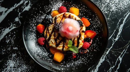 An overhead view of a dessert plate featuring a roti with cotton candy, complemented by fresh fruits and a drizzle of syrup, highlighting the sweet and unique combination.の素材