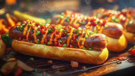 A casual street food setting with a vendor selling sizzling sausages in a bun, topped with colorful condiments and fresh vegetables, capturing the essence of vibrant street dining.の素材