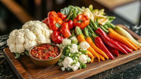 An elegant arrangement of raw vegetables with a bowl of chili paste, including carrots, bell peppers, and cauliflower, presented on a wooden serving board.の素材