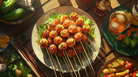 An outdoor picnic scene with friends enjoying takoyaki served on bamboo skewers, surrounded by fresh vegetables and drinks, showcasing the fun of sharing delicious street food.の素材
